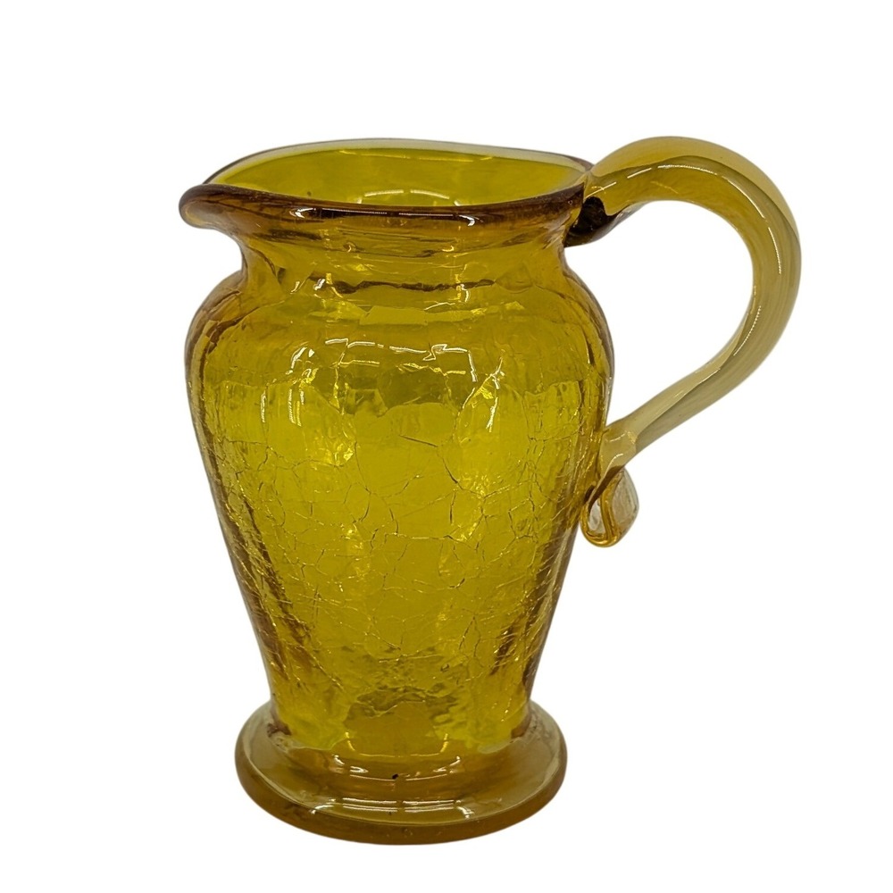 Kanawha Crackle Glass Mini Pitcher Amber Yellow Hand Blown MCM Art Glass 3.25in